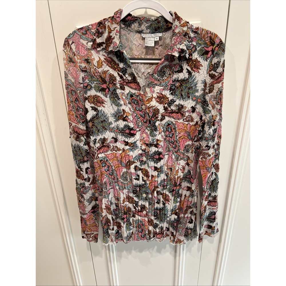 Vintage Y2K Alberto Makali Button Up Crinkled Pleated Tunic Top Paisley Artsy